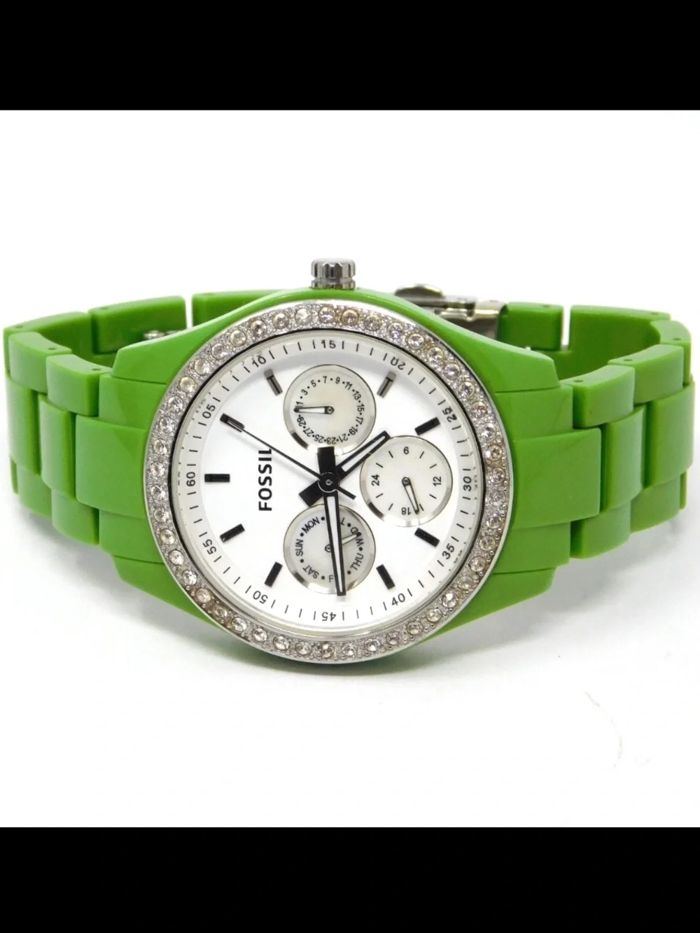 Fossil Women's Watch ES 2368 Lime Green Link Chrono White Dial Crystals Ladies